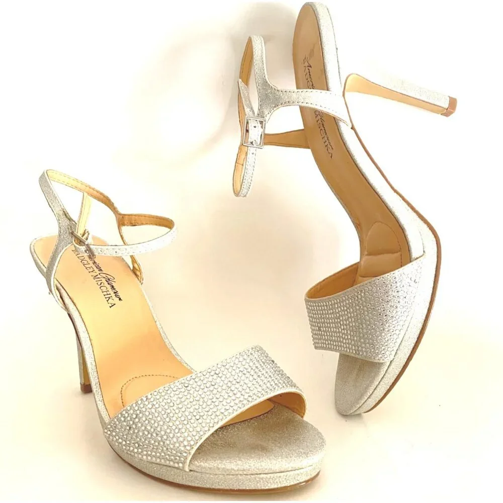 size 7.5 Badgley Mischka silver jewel rhinestone platform high heels ankle strap